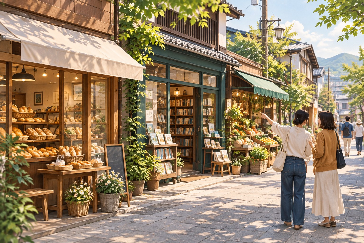 地域の小さな商店が並ぶ商店街で、好きなお店を紹介する人たちのイラスト